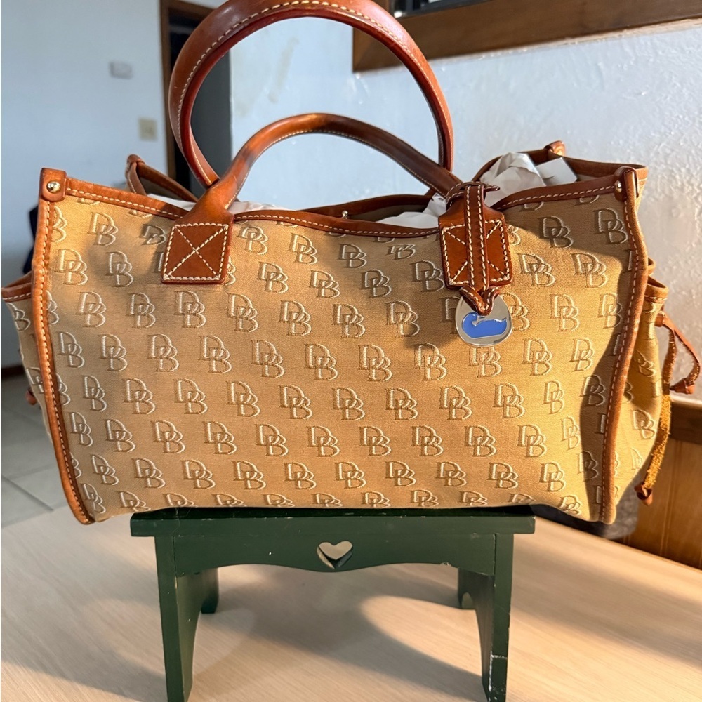 Dooney & Bourke DB Signature Tan Weekender Canvas Tote with Leather Trim